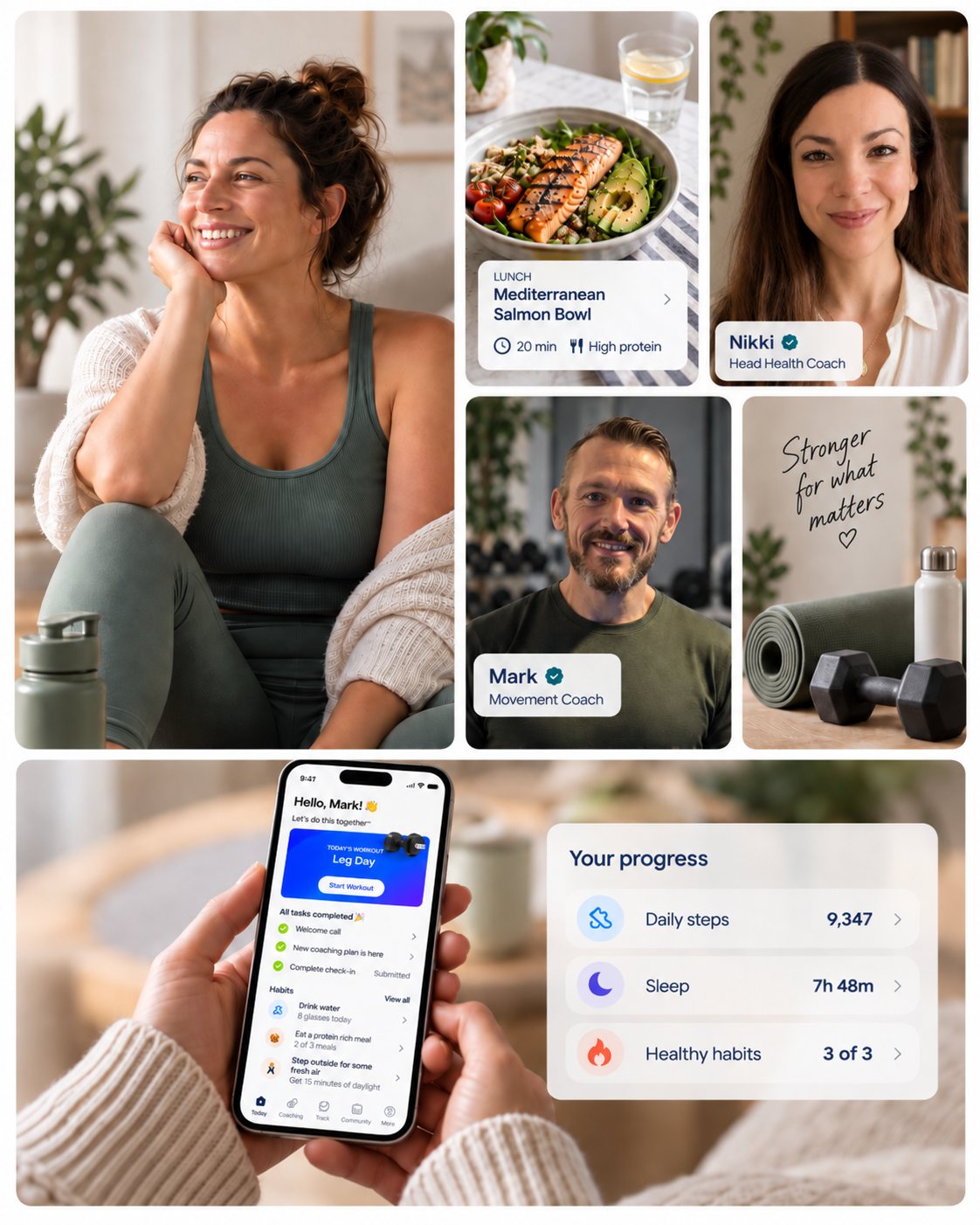 A smiling member at home, a high-protein salmon bowl, coaches Nikki and Mark, and the well with you app showing habits and progress